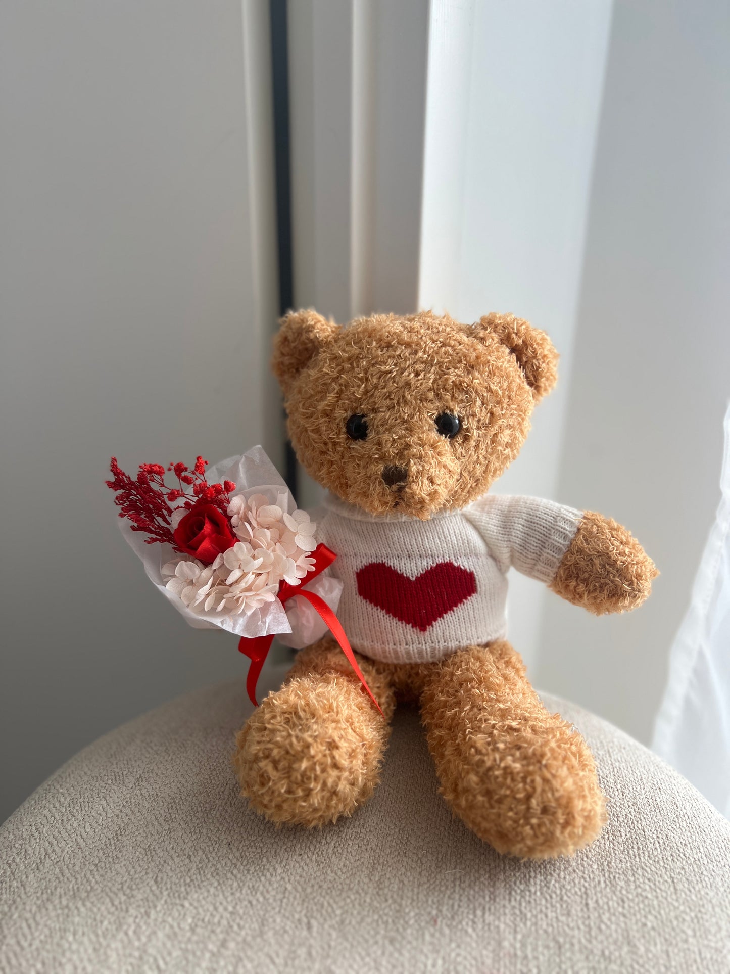 Valentines Day bear with preserved mini rose bouquet