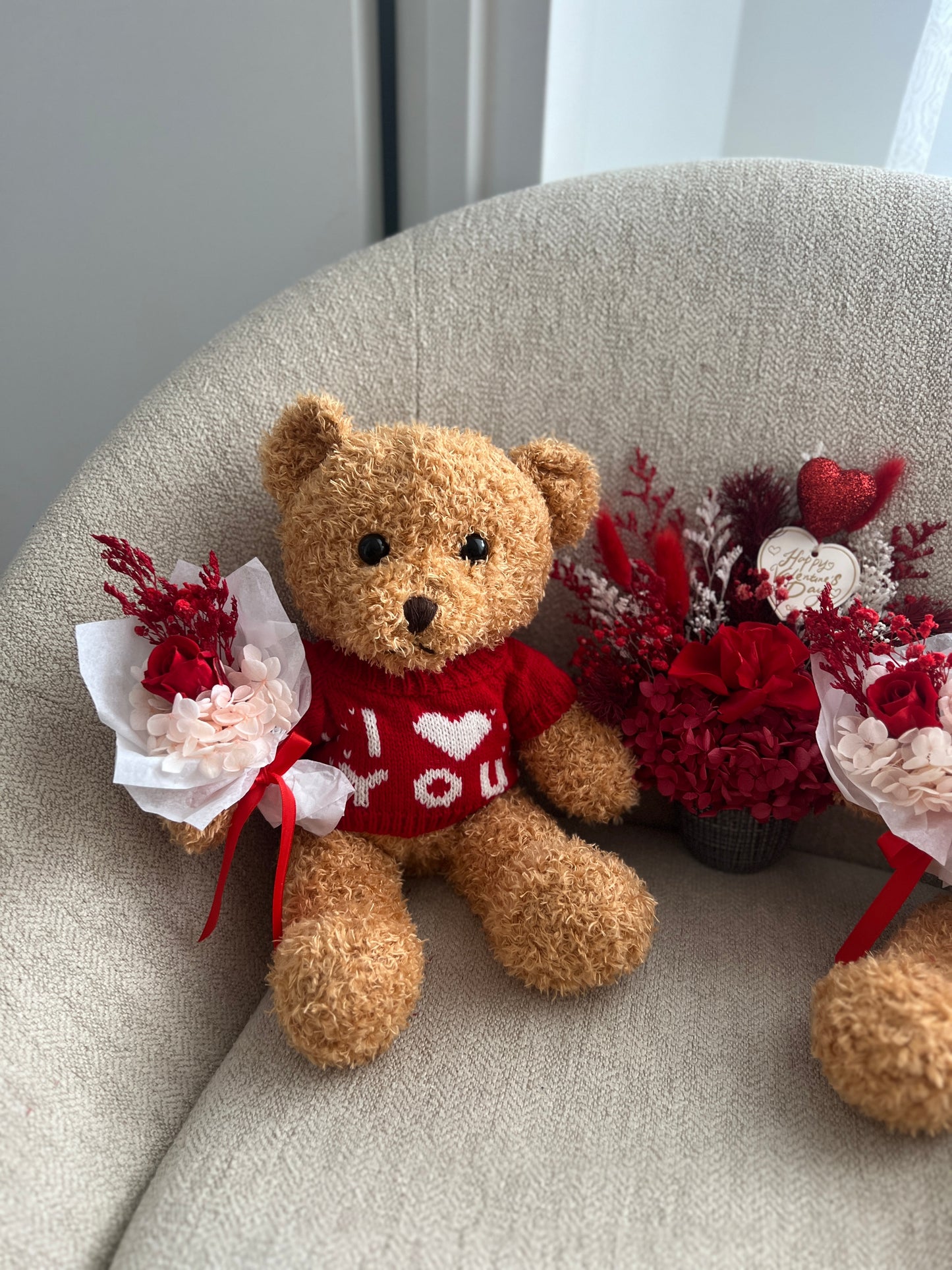 Valentines Day bear with preserved mini rose bouquet