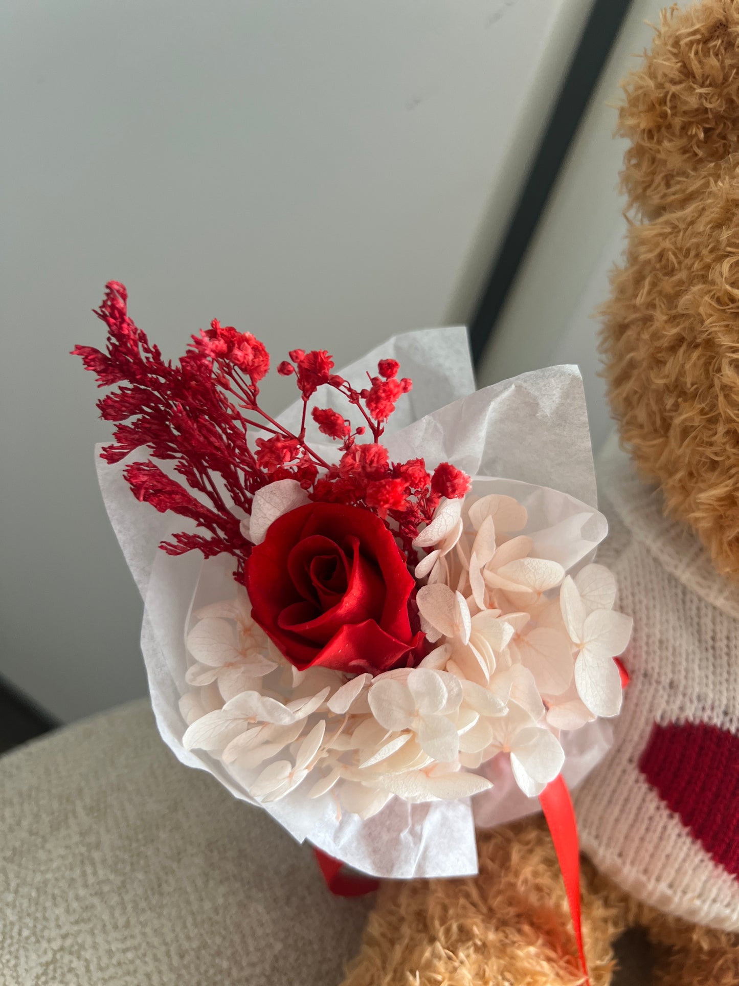 Valentines Day bear with preserved mini rose bouquet